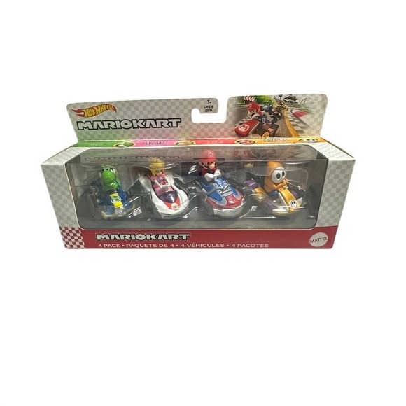 Hot Wheels Other - Hot Wheels Mario Kart 4 Pack Mario Peach Yoshi Orange Shy Guy Diecast GWB34